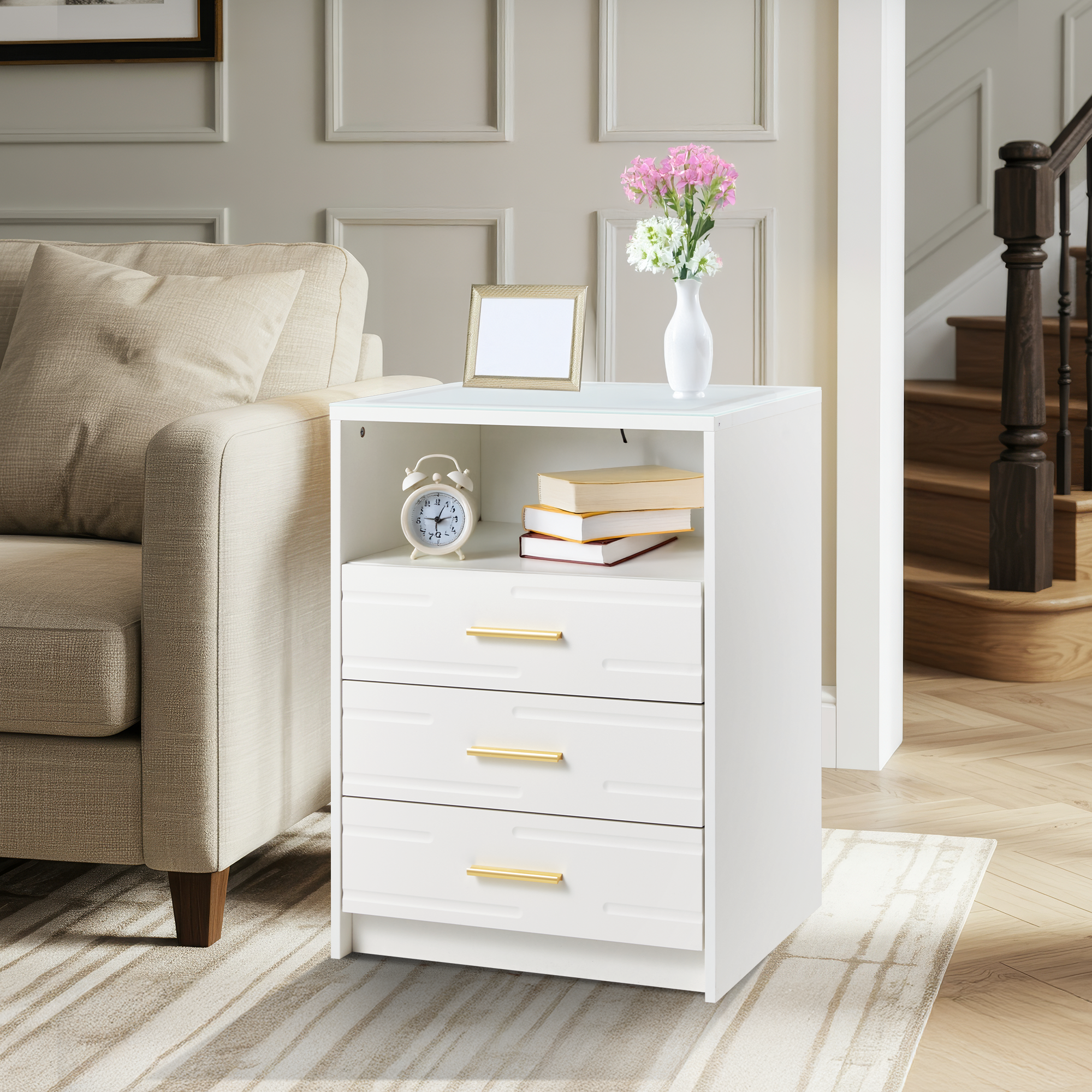 HOMREST LED Nightstand with Wireless Charging, Smart Bedside Table with Drawers & Adjustable LED Lights, White