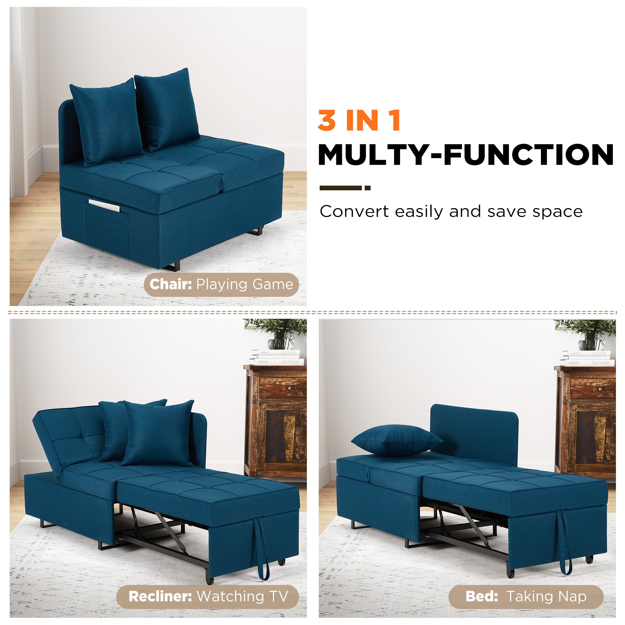 HOMREST 3 IN 1 Futon Sofa Bed Convertible Recliner Lounge for Living Room with Reclining Backrest, Linen, Peacock Blue