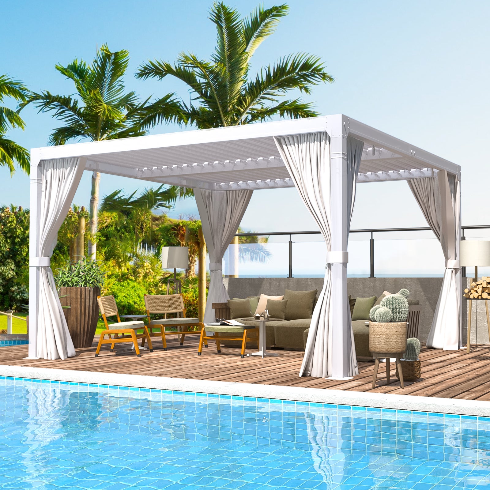 HOMREST Louvered Pergola 10x10 Outdoor Hard Top Pergola with Aluminum Frame, White