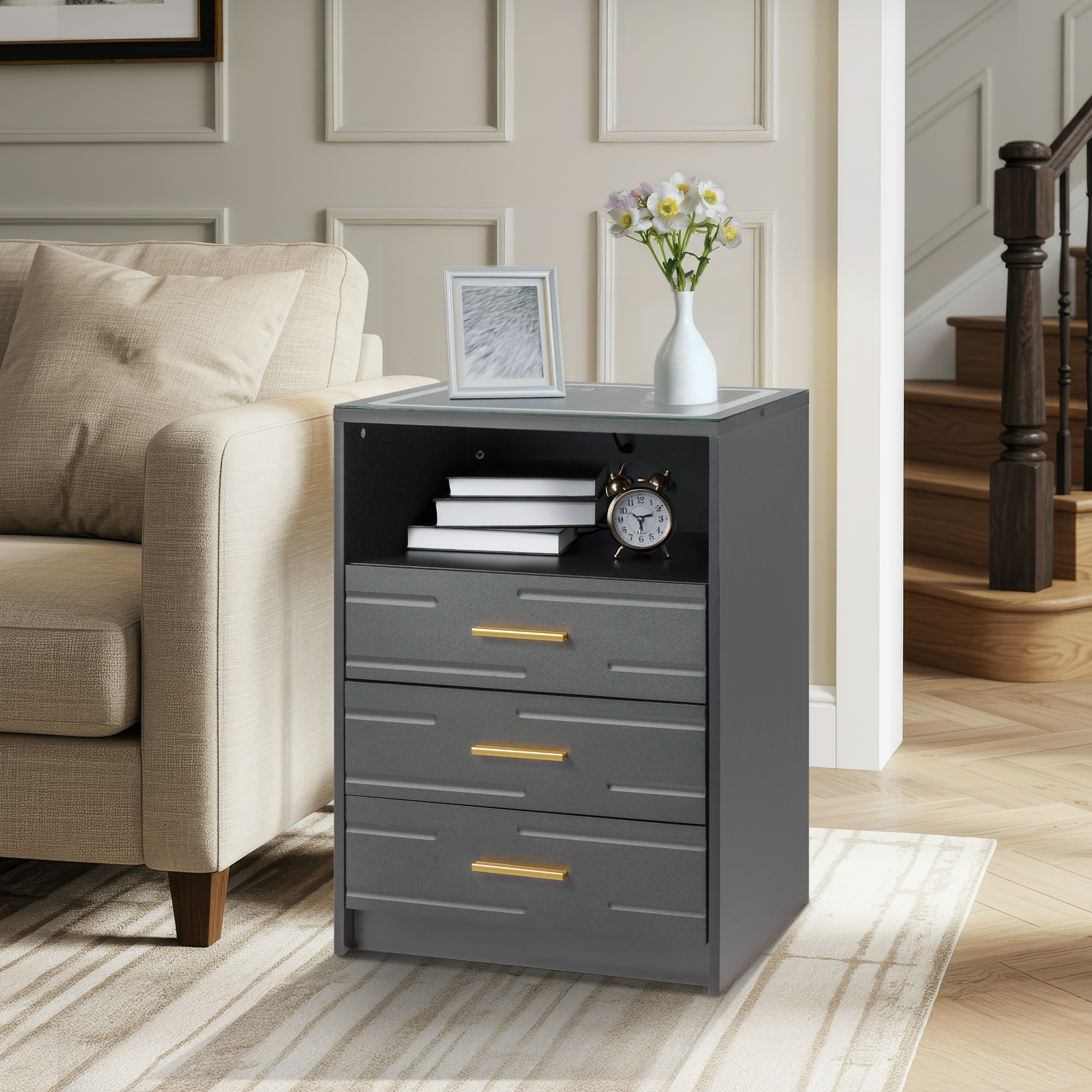 HOMREST LED Nightstand with Wireless Charging, Smart Bedside Table with Drawers & Adjustable LED Lights, Gray