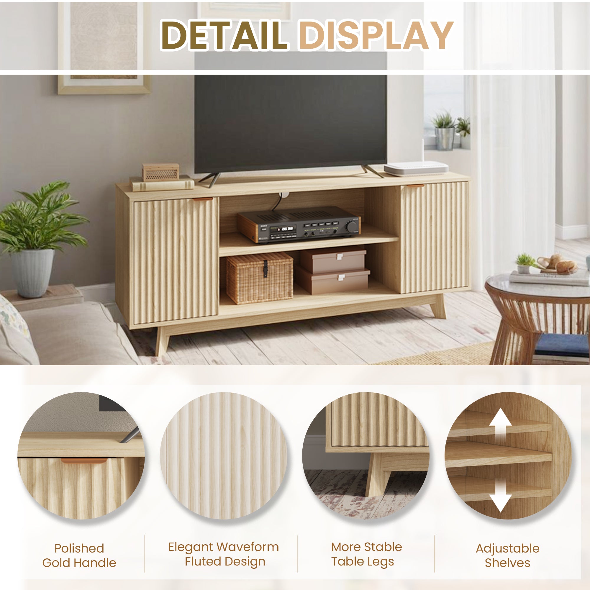 HOMREST Large TV Table with Fluted Door Cabinets and Open Shelves, TV Stand for Living Room, Bedroom, Dining Room