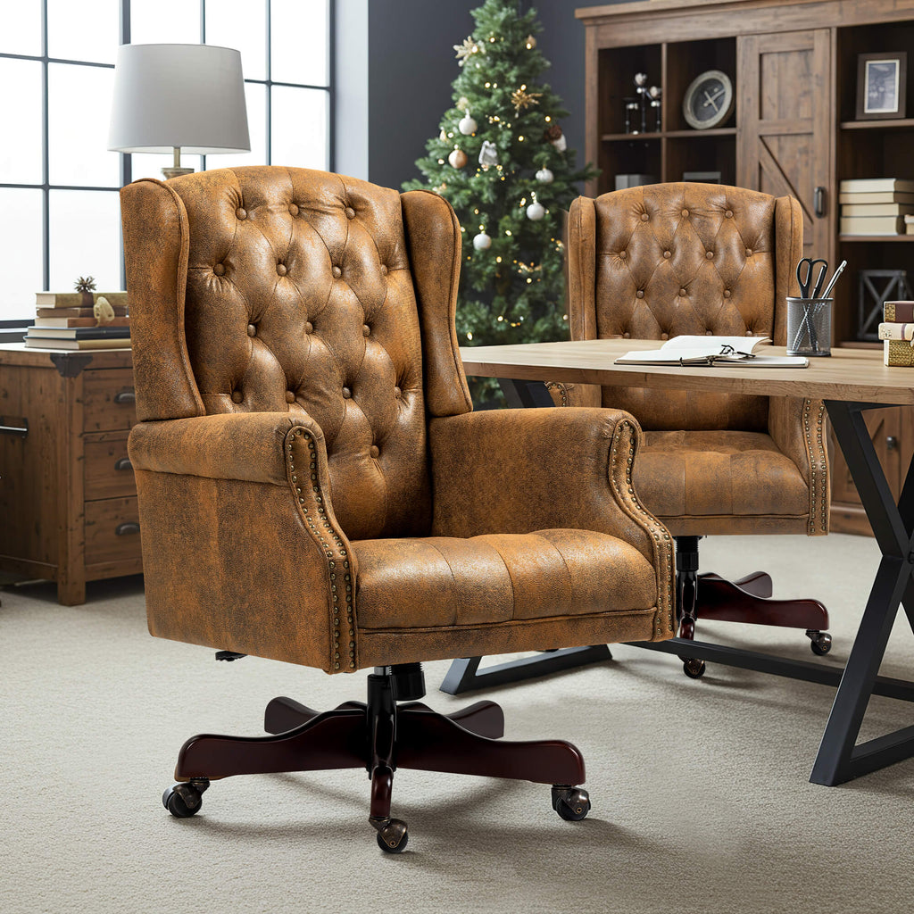 Homrest Executive Wingback Office Chair – Bomber Brown PU Leather High Back Desk Chair