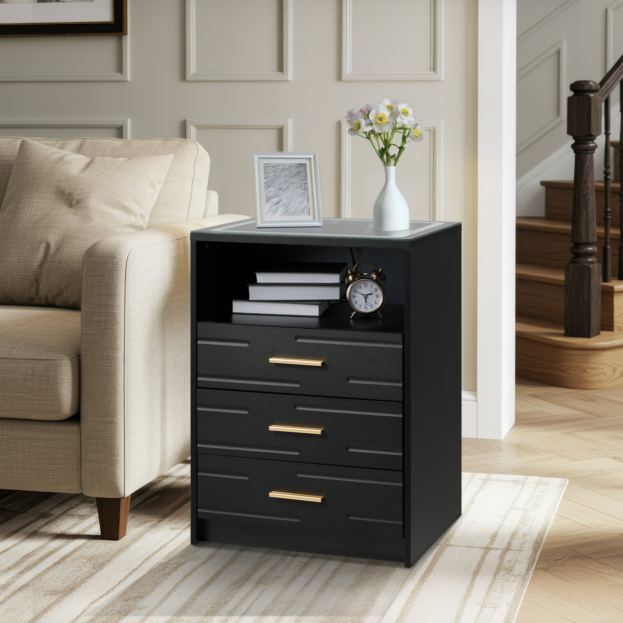 HOMREST LED Nightstand with Wireless Charging, Smart Bedside Table with Drawers & Adjustable LED Lights, Black