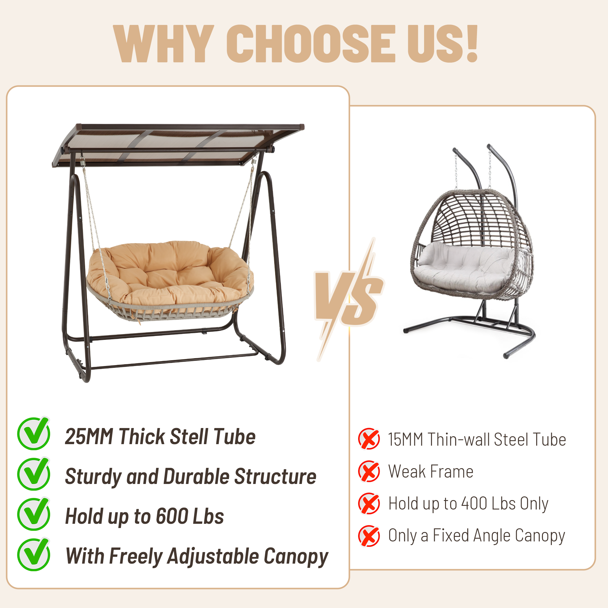 HOMREST 2-Seat Patio Swing Chair with Adjustable Canopy, Beige