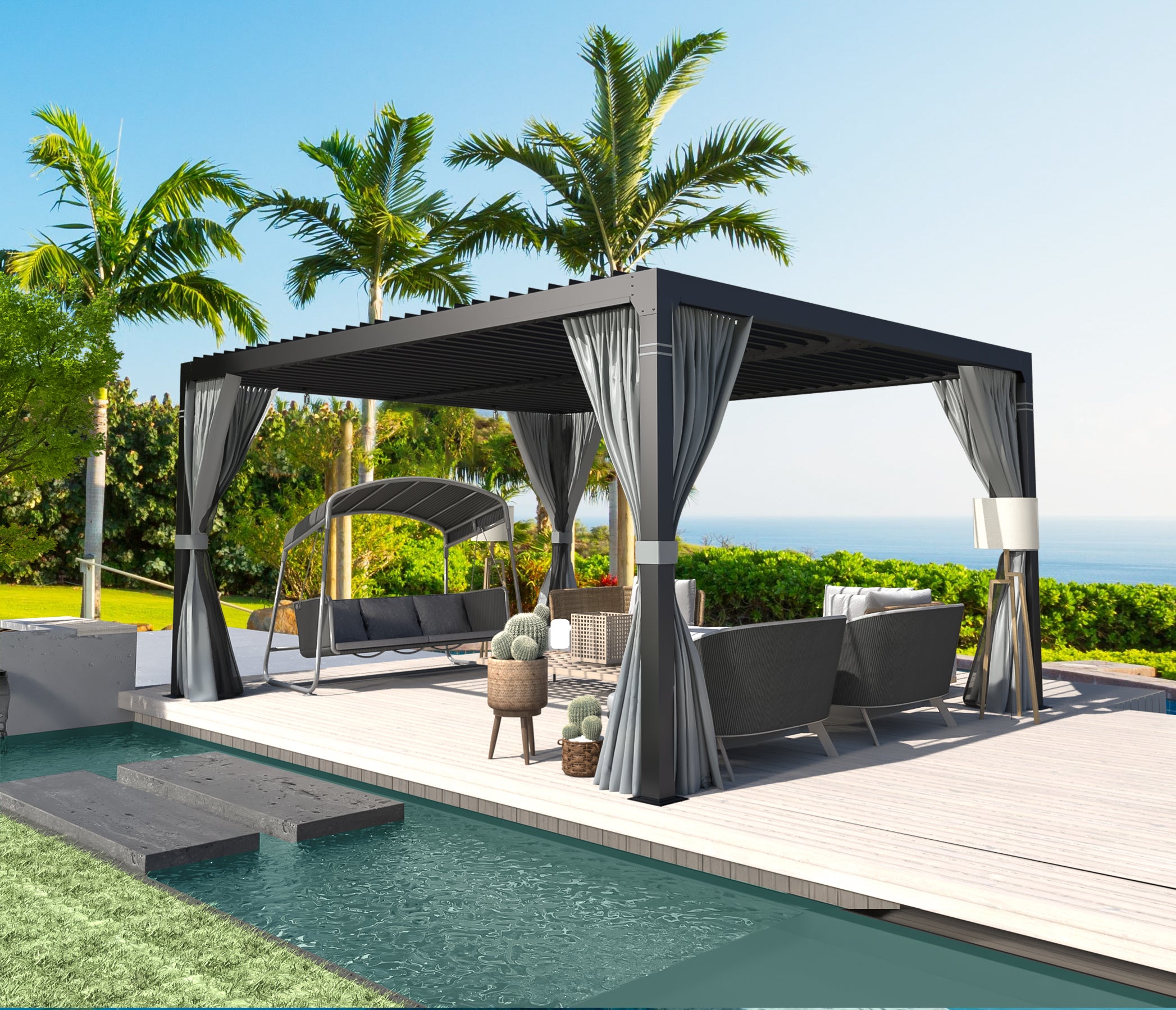 HOMREST Louvered Pergola 10x12 Outdoor Hard Top Pergola with Aluminum Frame and Adjustable Metal Rainproof Roof for Garden & Patio, Curtains and Netting Included, Gray-Black