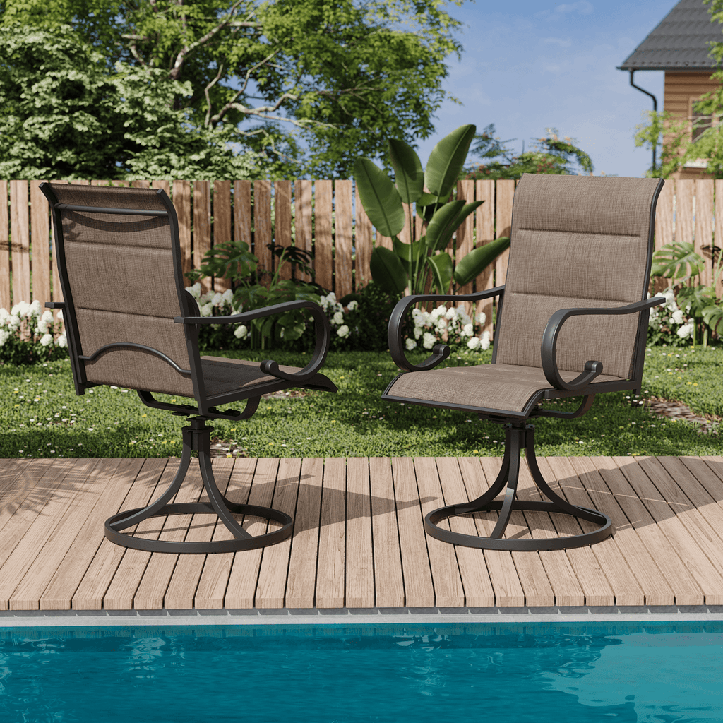 HOMREST Swivel Outdoor Chairs Set of 2, High Back Padded Textilene Patio Dining Chairs with Metal Frame, Brown