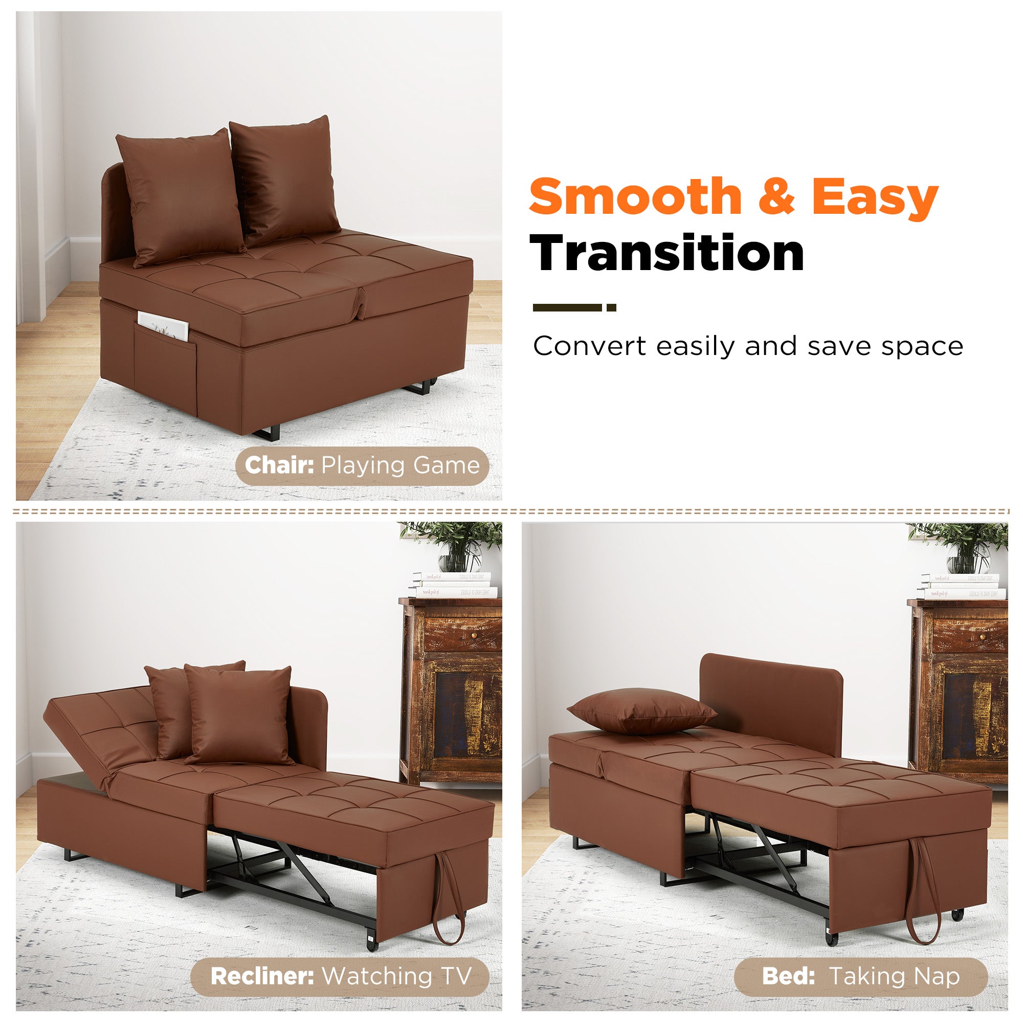 HOMREST 3 IN 1 Futon Sofa Bed Convertible Recliner Lounge with Reclining Backrest, Brown