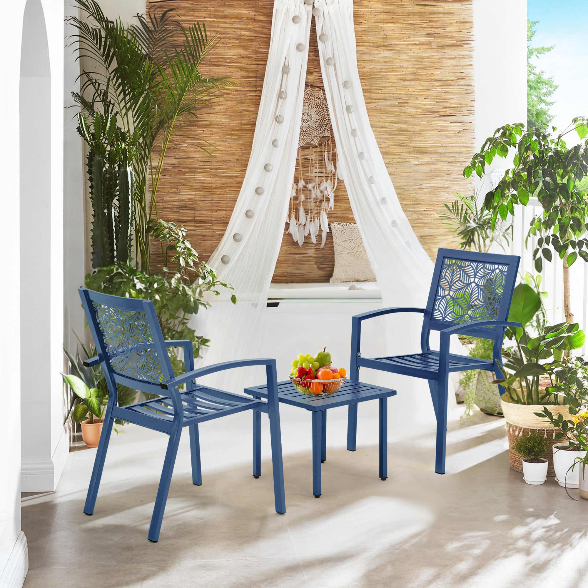 HOMREST 3-Piece Outdoor Bistro Set – Metal Chairs & Table, Floral Back Design, Peacock Blue