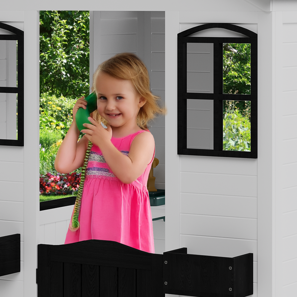 Homrest Wooden Playhouse for Kids, Outdoor Garden Cottage with Door, Windows, Service Station, Flower Pot Holder, for 3-7 Years Old