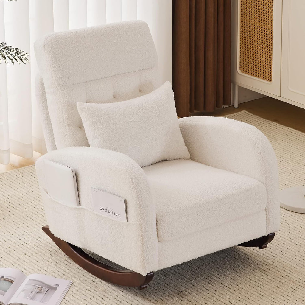 Teddy Fleece Low Seat Rocking Chair with Blanket & Lumber Pillow, Nursery Glider Chair with Side Pockets