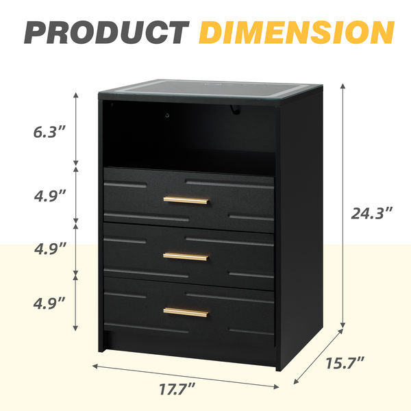 HOMREST LED Nightstand with Wireless Charging, Smart Bedside Table with Drawers & Adjustable LED Lights, Black