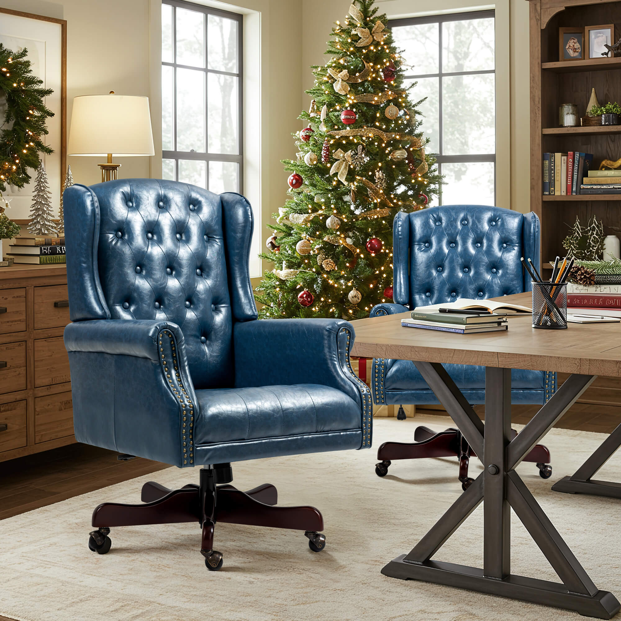 Homrest Executive Wingback Office Chair – Blue PU Leather High Back Desk Chair