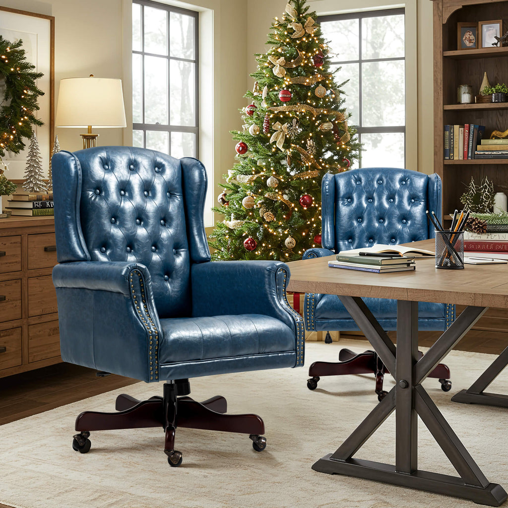 Homrest Executive Wingback Office Chair – Blue PU Leather High Back Desk Chair