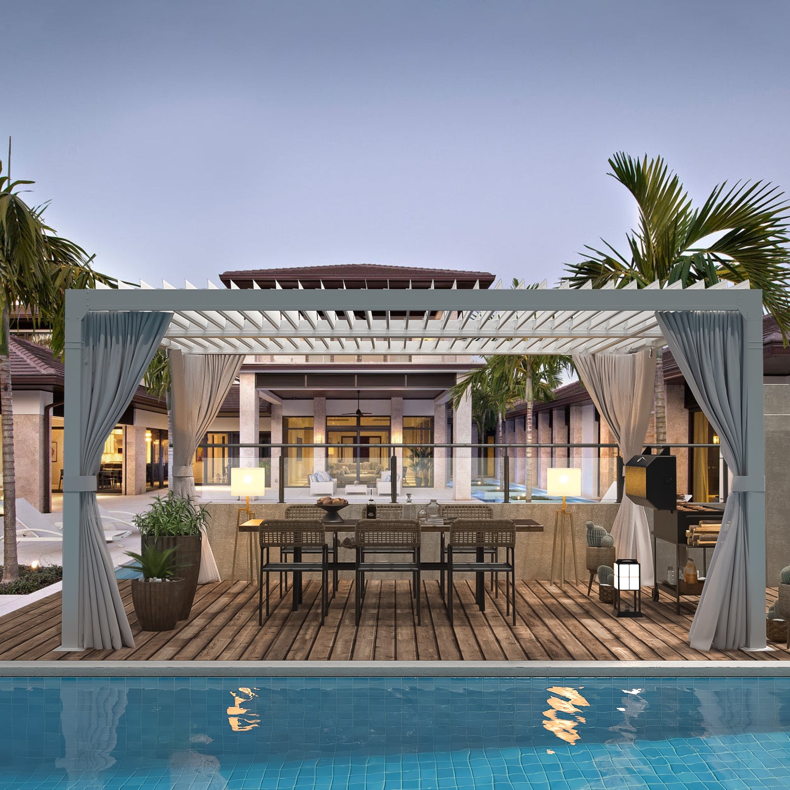 HOMREST Louvered Pergola 10x12 Outdoor Hard Top Pergola with Aluminum Frame and Adjustable Metal Rainproof Roof for Garden & Patio, Curtains and Netting Included, White