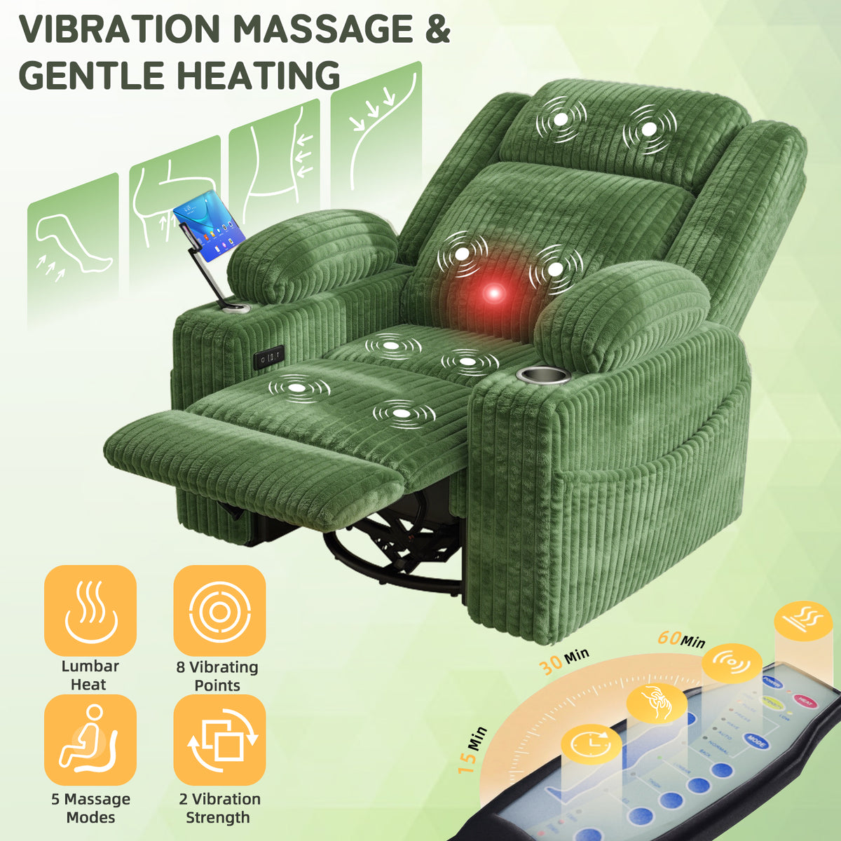 HOMREST Power Oversized Swivel Rocker Recliner with Massage and Heat, Nursery Rocking Chairs for Living Room,Green