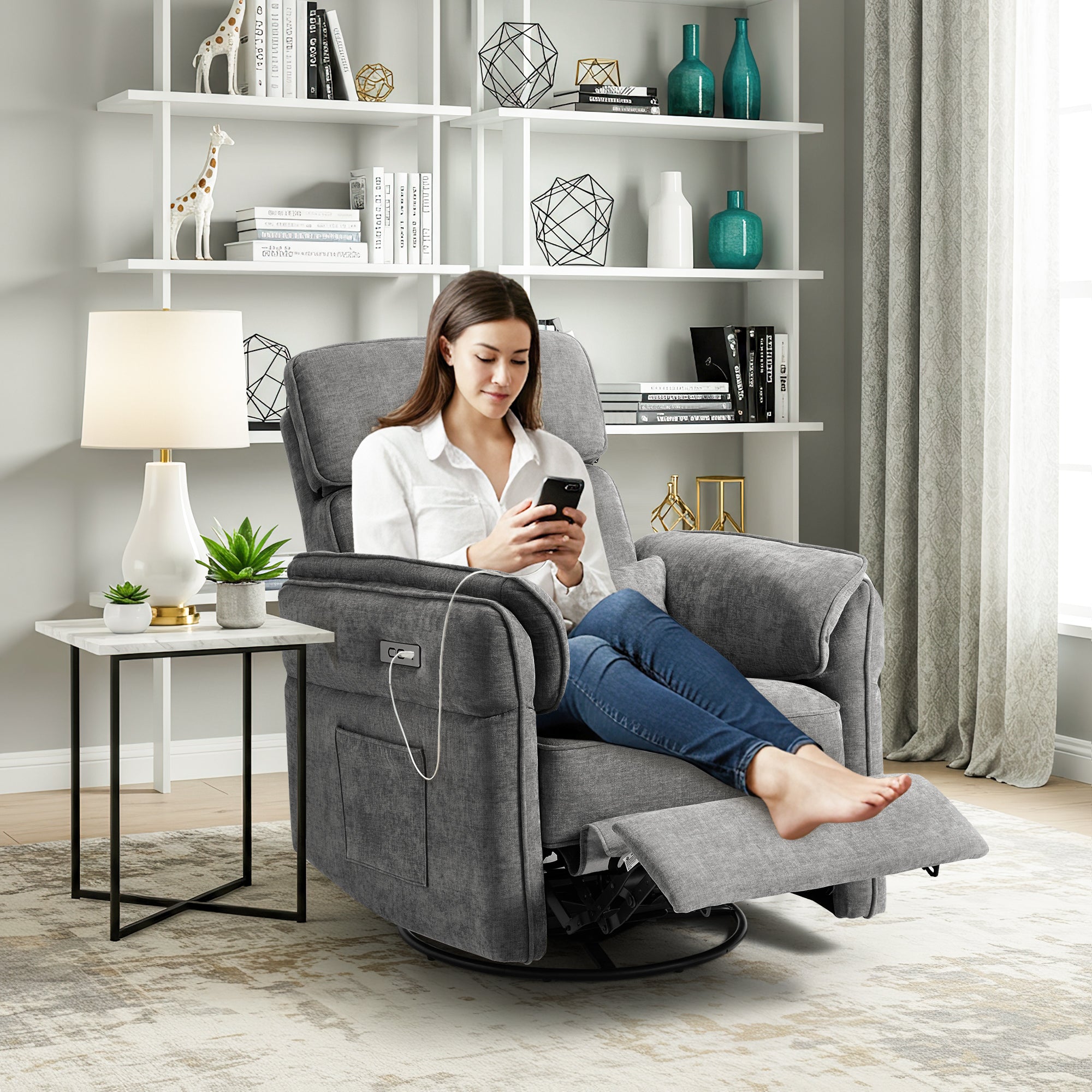 HOMREST Power Swivel Rocking Recliner Chair with Adjustable Headrest and Armrests for Living Room, Nursery, Gray