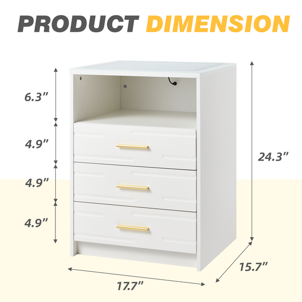 HOMREST LED Nightstand with Wireless Charging, Smart Bedside Table with Drawers & Adjustable LED Lights, White