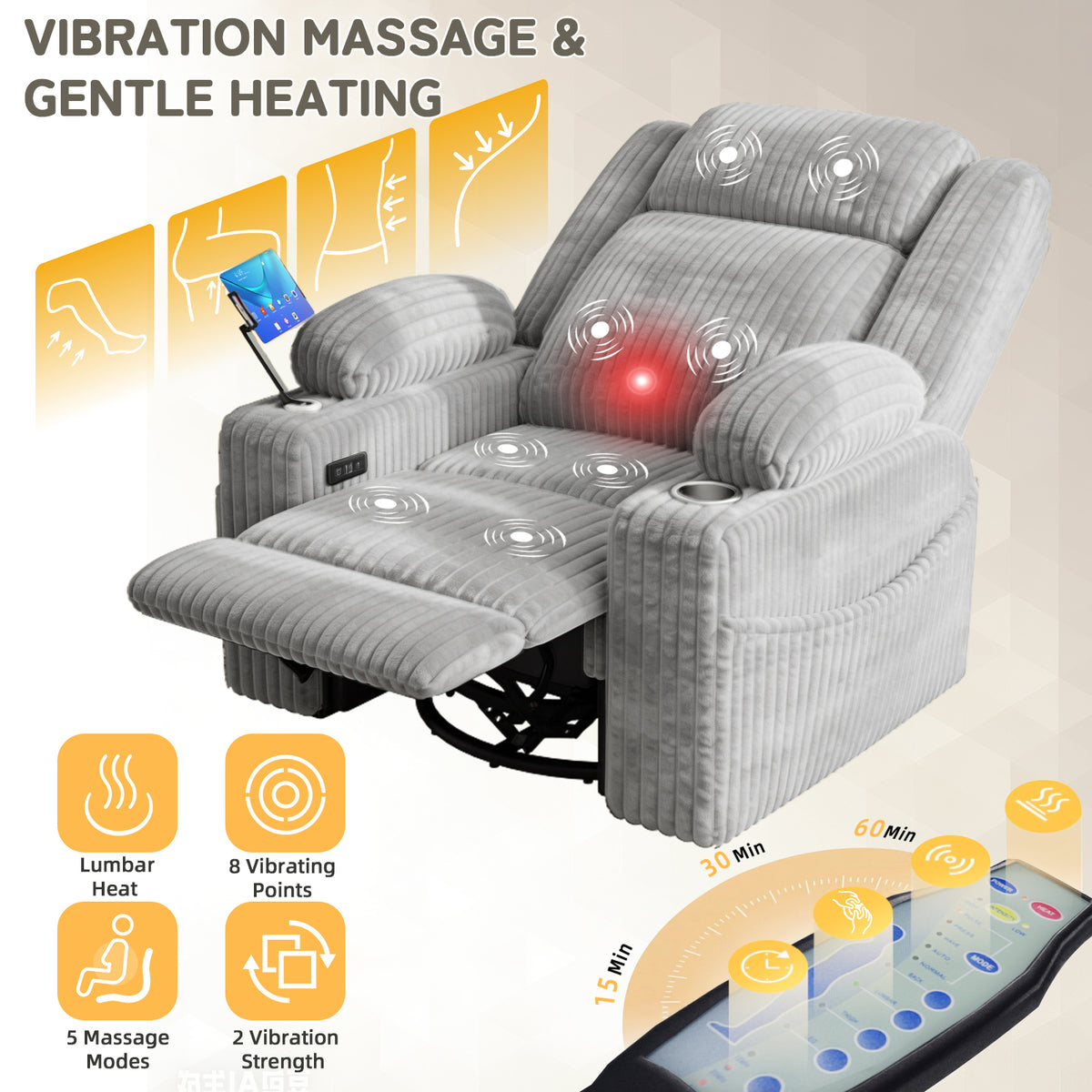 HOMREST Power Oversized Swivel Rocker Recliner with Massage and Heat, Nursery Rocking Chairs for Living Room, Grey