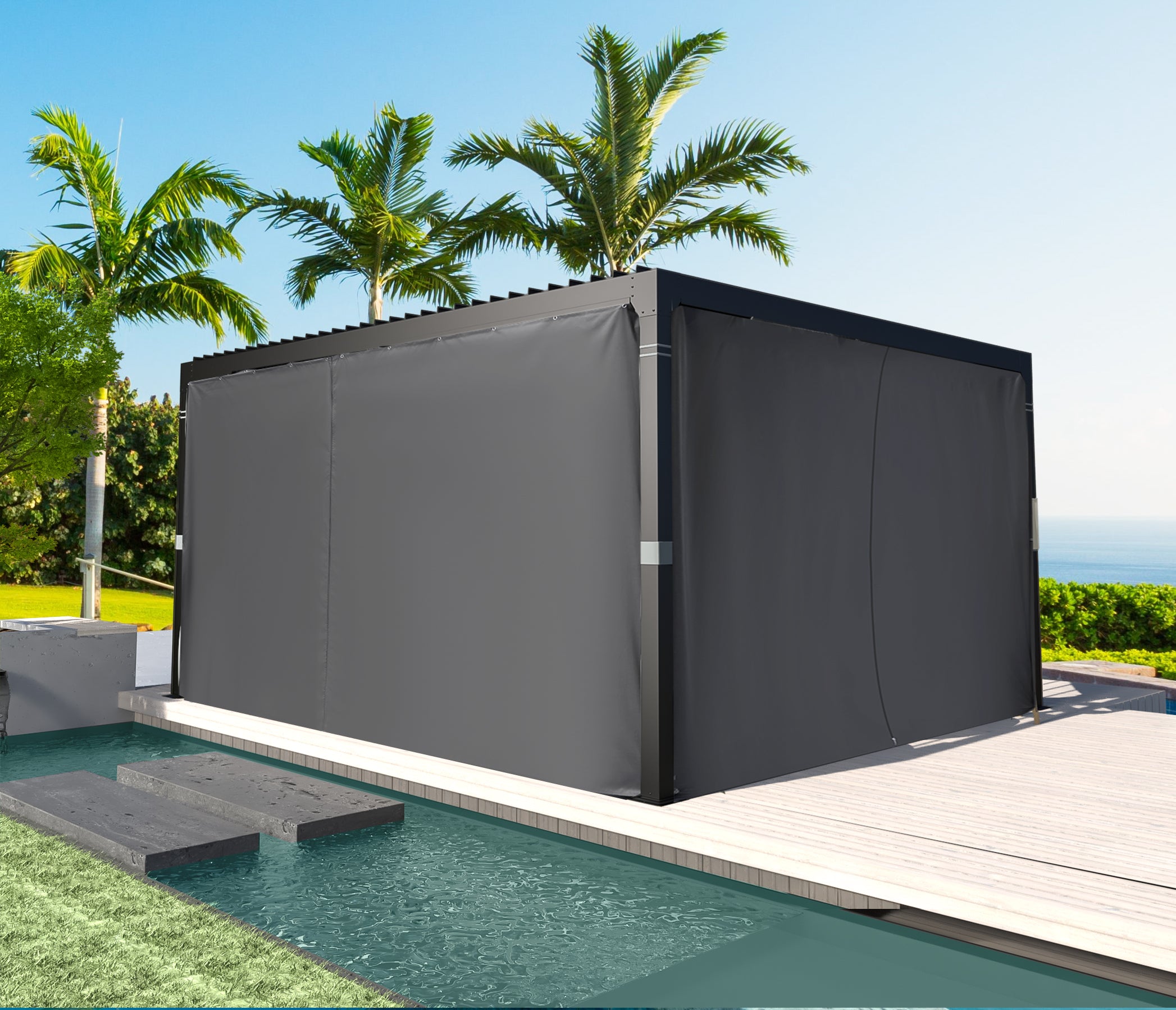 HOMREST Louvered Pergola 10x12 Outdoor Hard Top Pergola with Aluminum Frame and Adjustable Metal Rainproof Roof for Garden & Patio, Curtains and Netting Included, Gray-Black