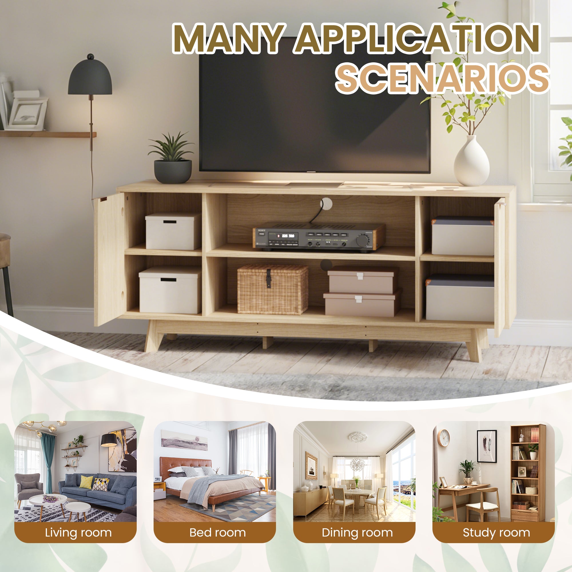 HOMREST Large TV Table with Fluted Door Cabinets and Open Shelves, TV Stand for Living Room, Bedroom, Dining Room