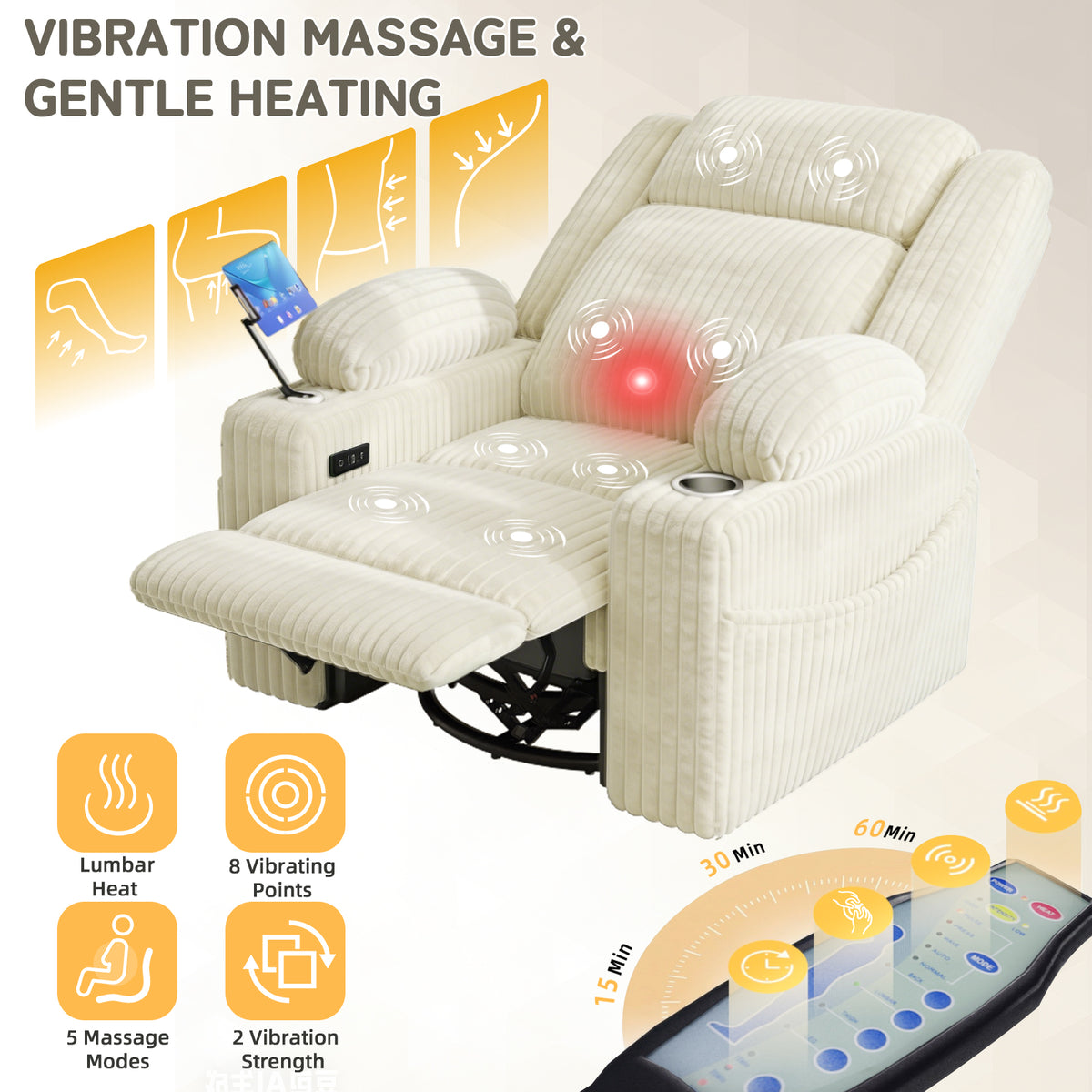 HOMREST Power Oversized Swivel Rocker Recliner with Massage and Heat, Nursery Rocking Chairs for Living Room, Beige