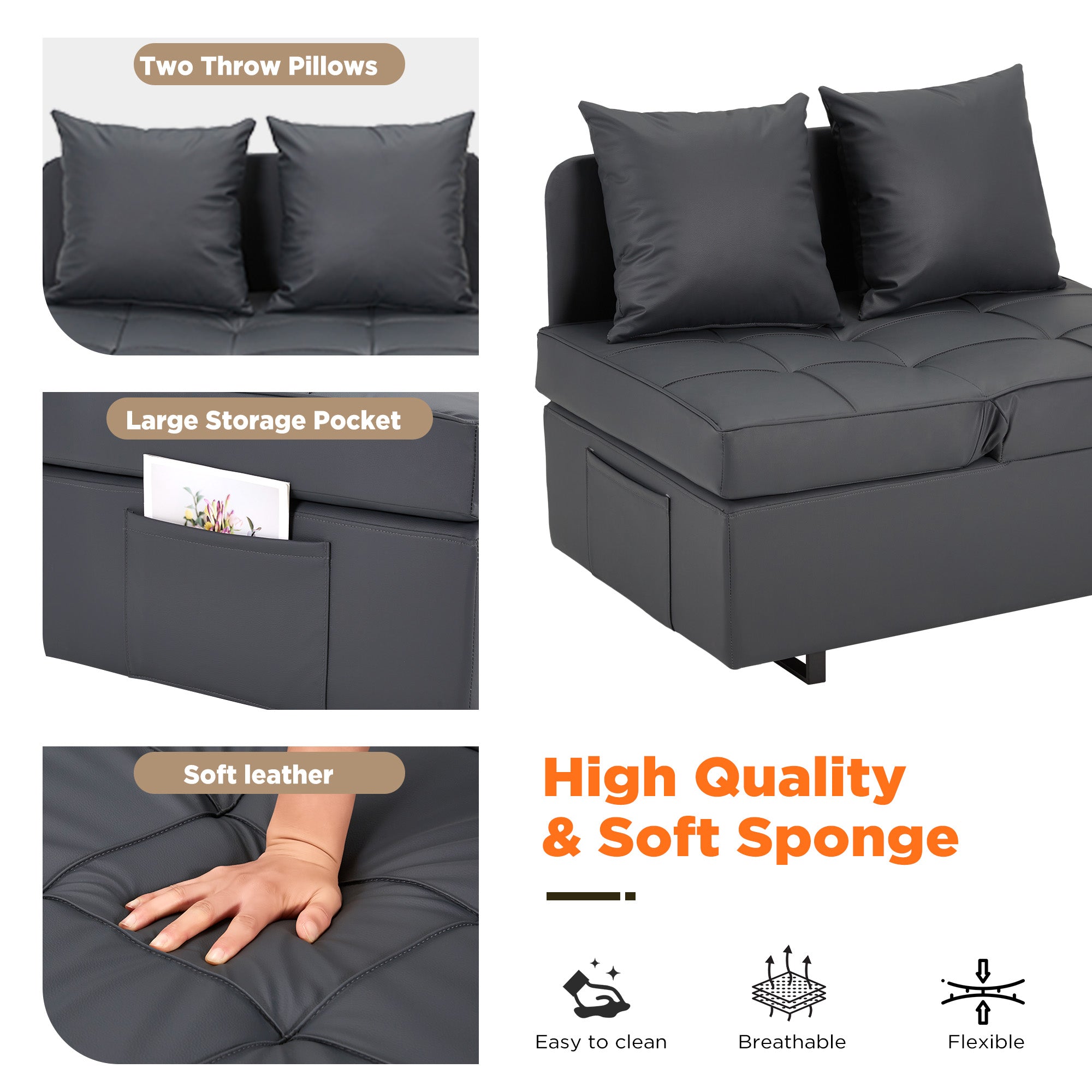 HOMREST 3 IN 1 Futon Sofa Bed Convertible Recliner Lounge with Reclining Backrest, Gray