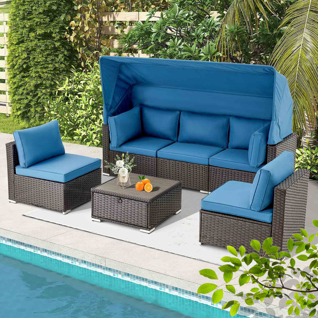 Rattan Chaise Lounge Cushioned Chair W/Adjustable Canopy Patio, 1