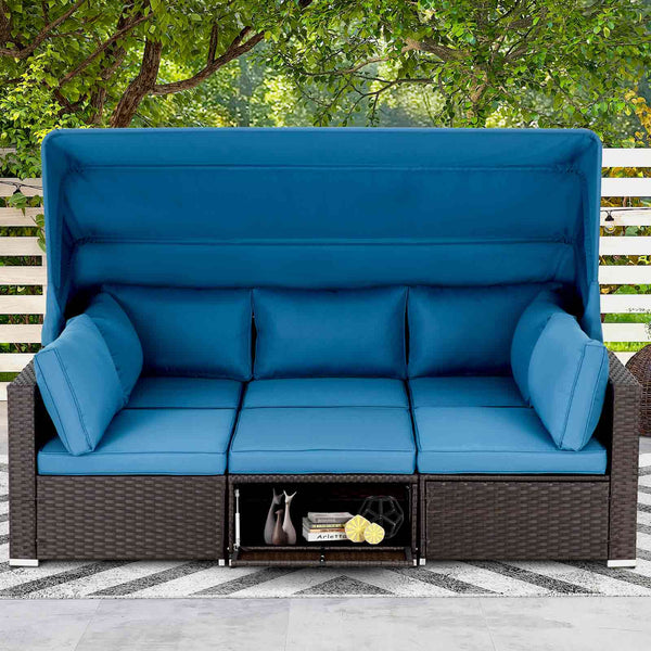 6 Pcs patio sectional sofa daybed with adjustable canopy and backrest, blue