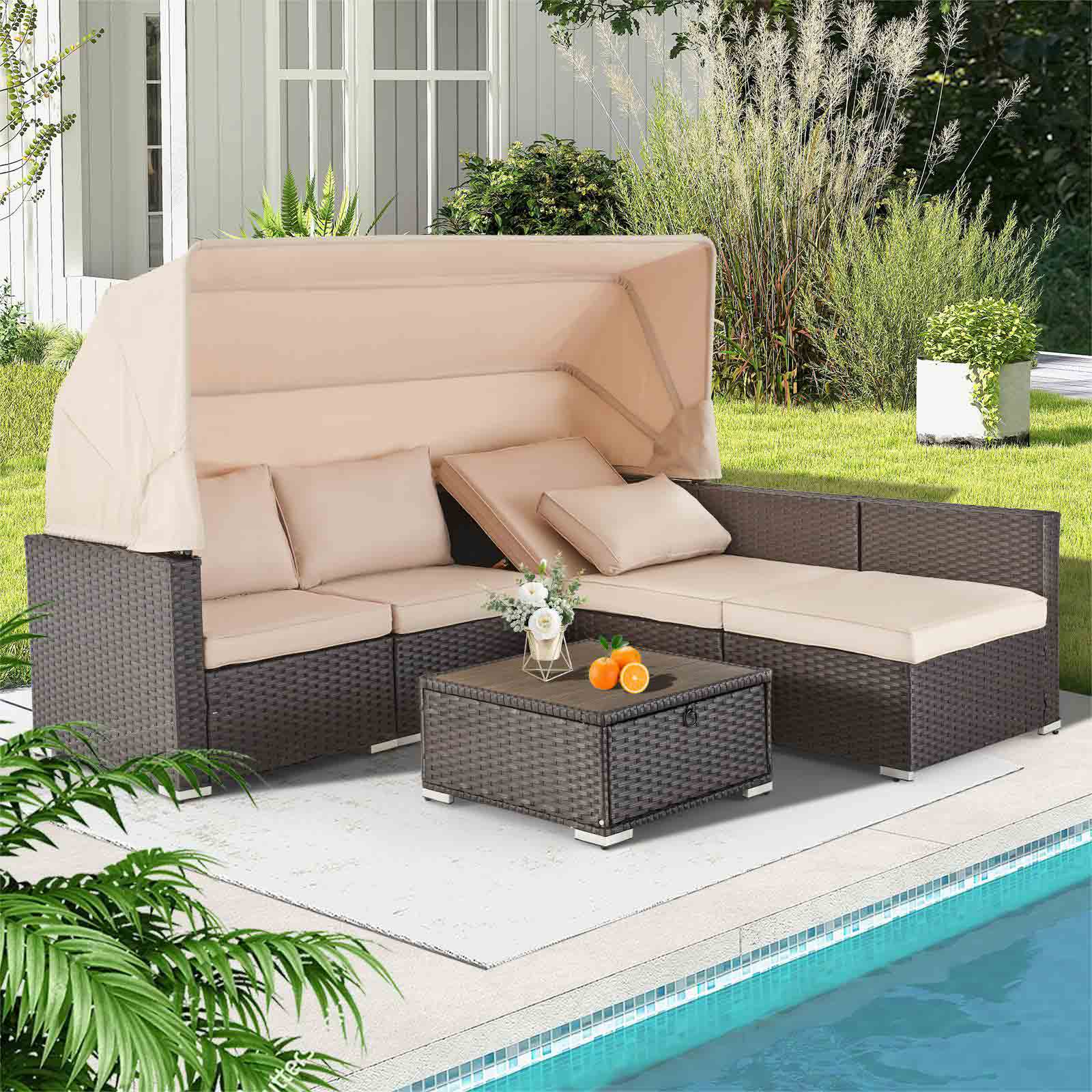 Homrest 6 pcs outdoor sectional sofa daybed with retractable canopy and coffee table, khaki