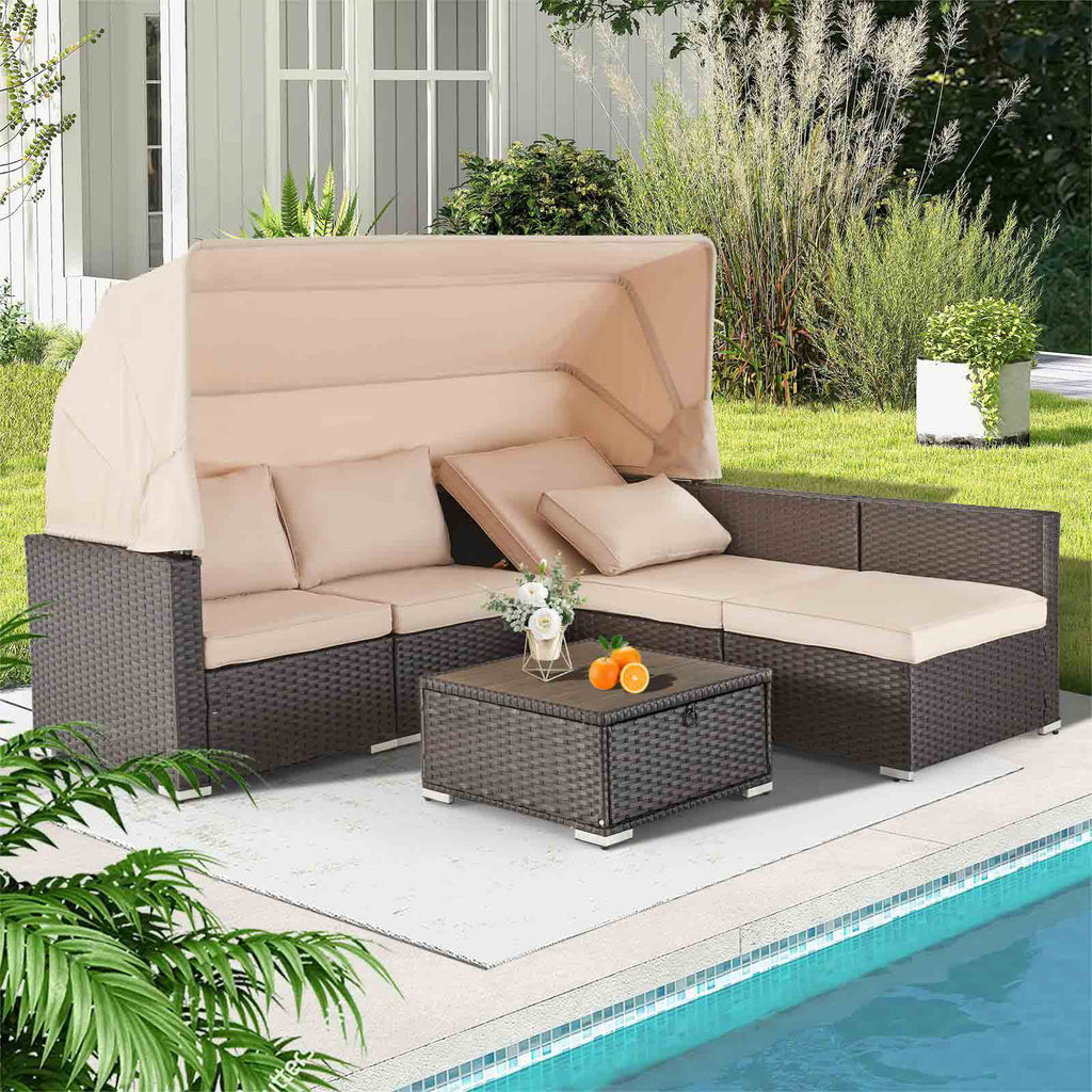 Homrest 6 pcs outdoor sectional sofa daybed with retractable canopy and coffee table, khaki
