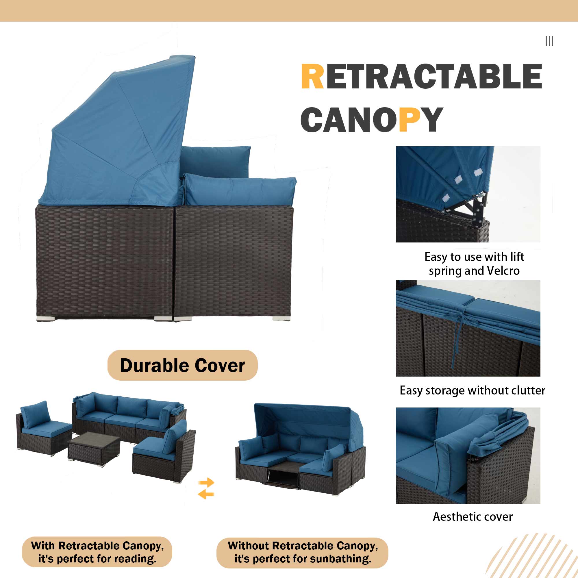 6 Pcs patio sectional sofa daybed with adjustable canopy and backrest, blue | Homrest