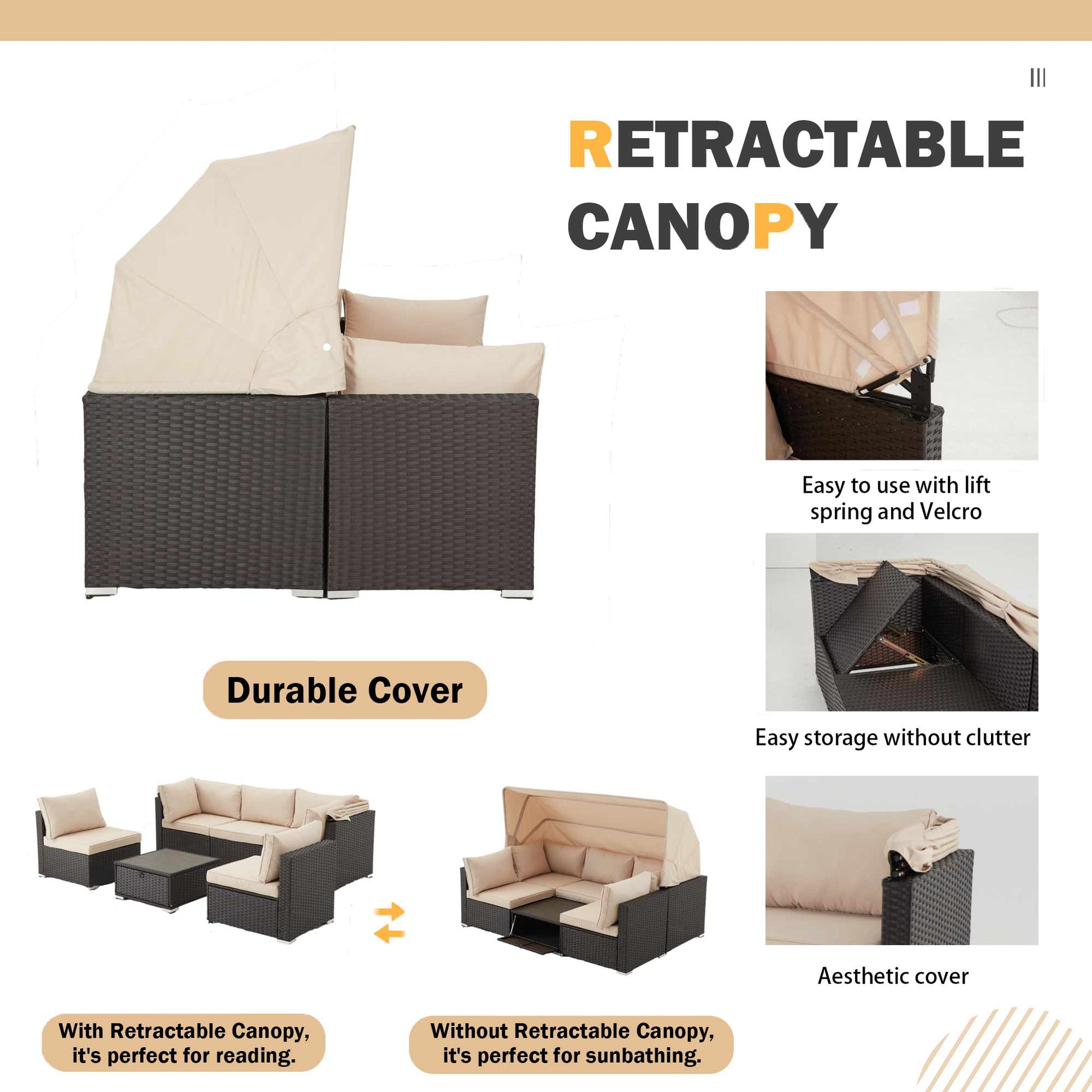 Homrest 6 pcs outdoor sectional sofa daybed with retractable canopy and adjustable backrest, khaki