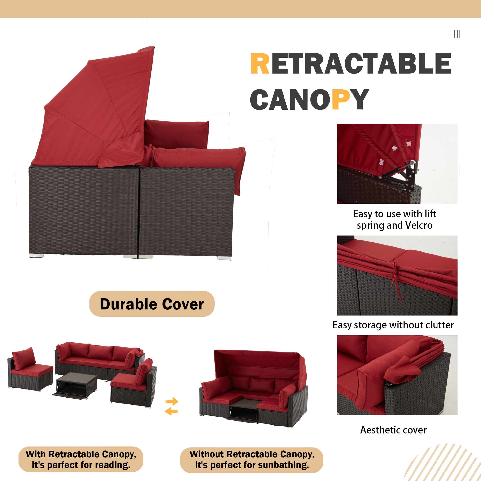 Homrest patio furniture set with adjustable canopy and backrest, wine red