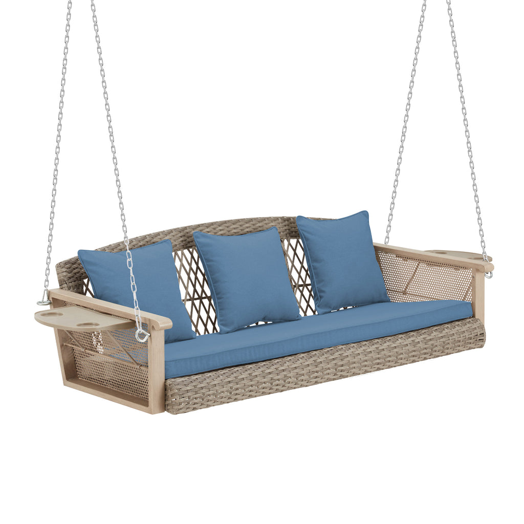 3-Seater Outdoor Wicker Porch Swing with Cup Holders and Waterproof Cushions for Porch and Balcony, Blue | Homrest Furniture