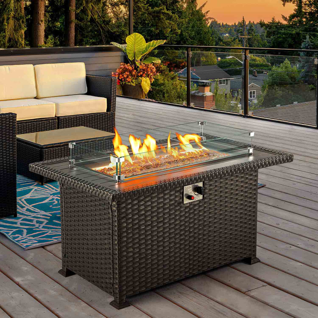 44" Patio Propane Fire Pit Table, 50000 BTU Auto-Ignition with Wind Guard, Black