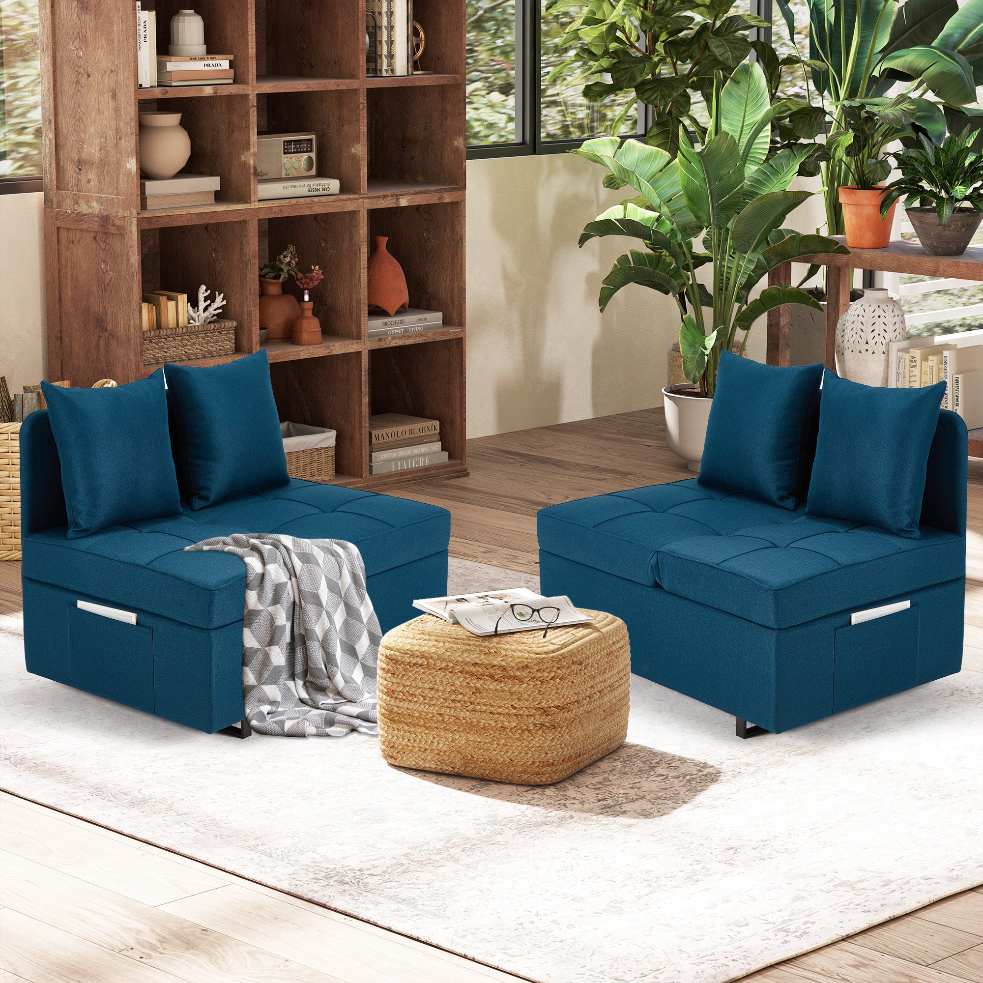 HOMREST 3 IN 1 Futon Sofa Bed Convertible Recliner Lounge for Living Room with Reclining Backrest, Linen, Peacock Blue