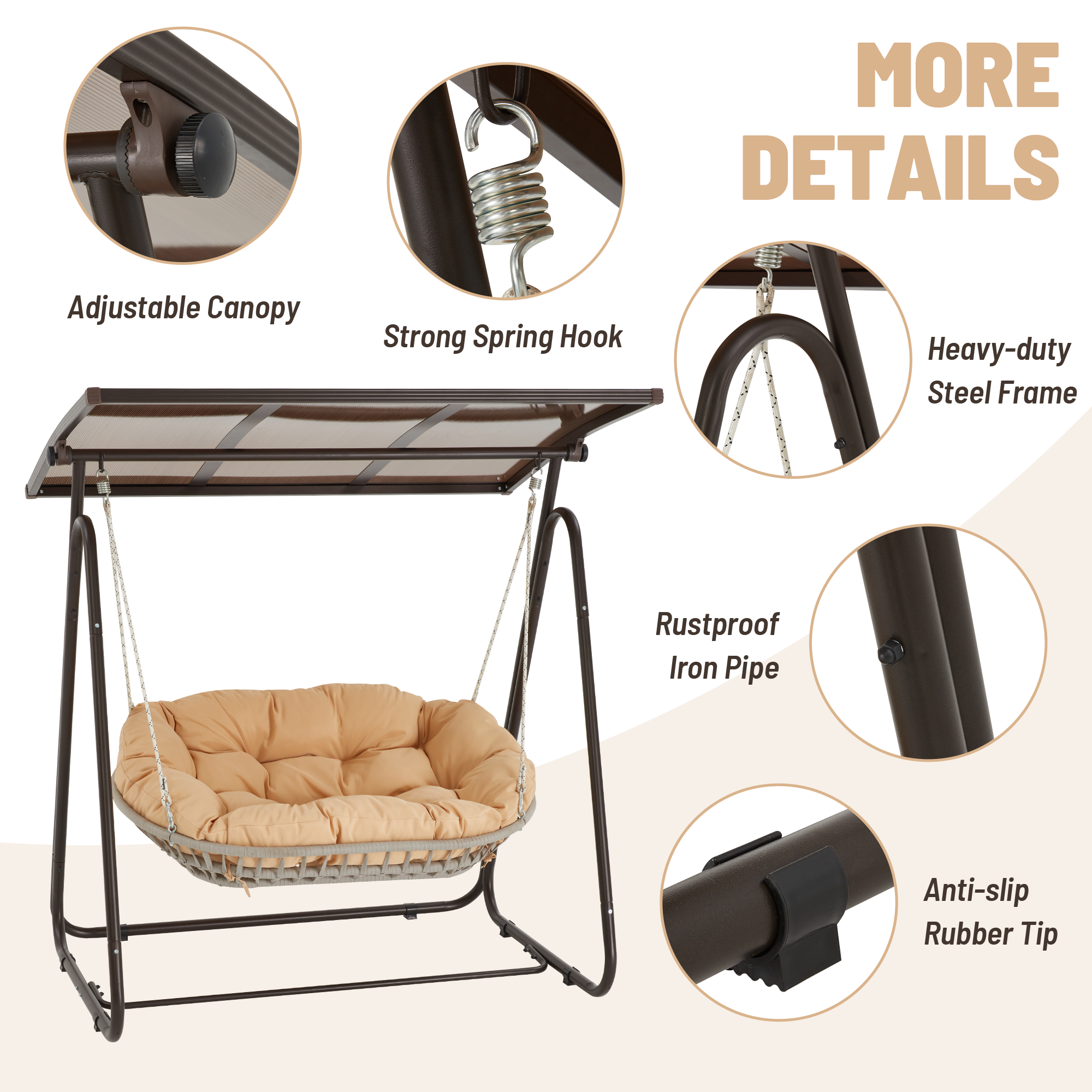 HOMREST 2-Seat Patio Swing Chair with Adjustable Canopy, Beige