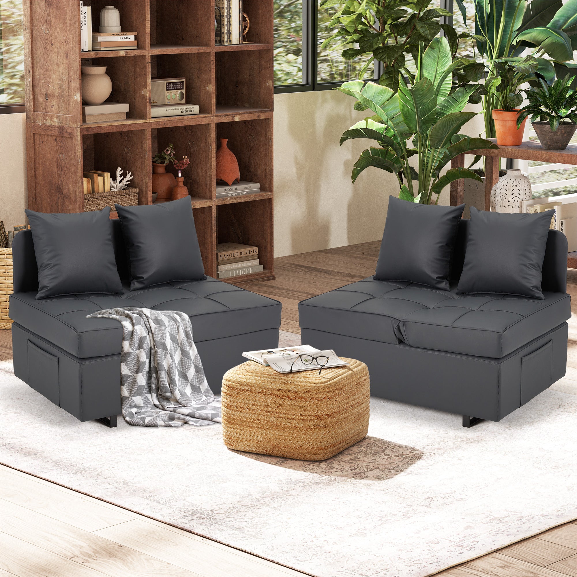 HOMREST 3 IN 1 Futon Sofa Bed Convertible Recliner Lounge with Reclining Backrest, Gray