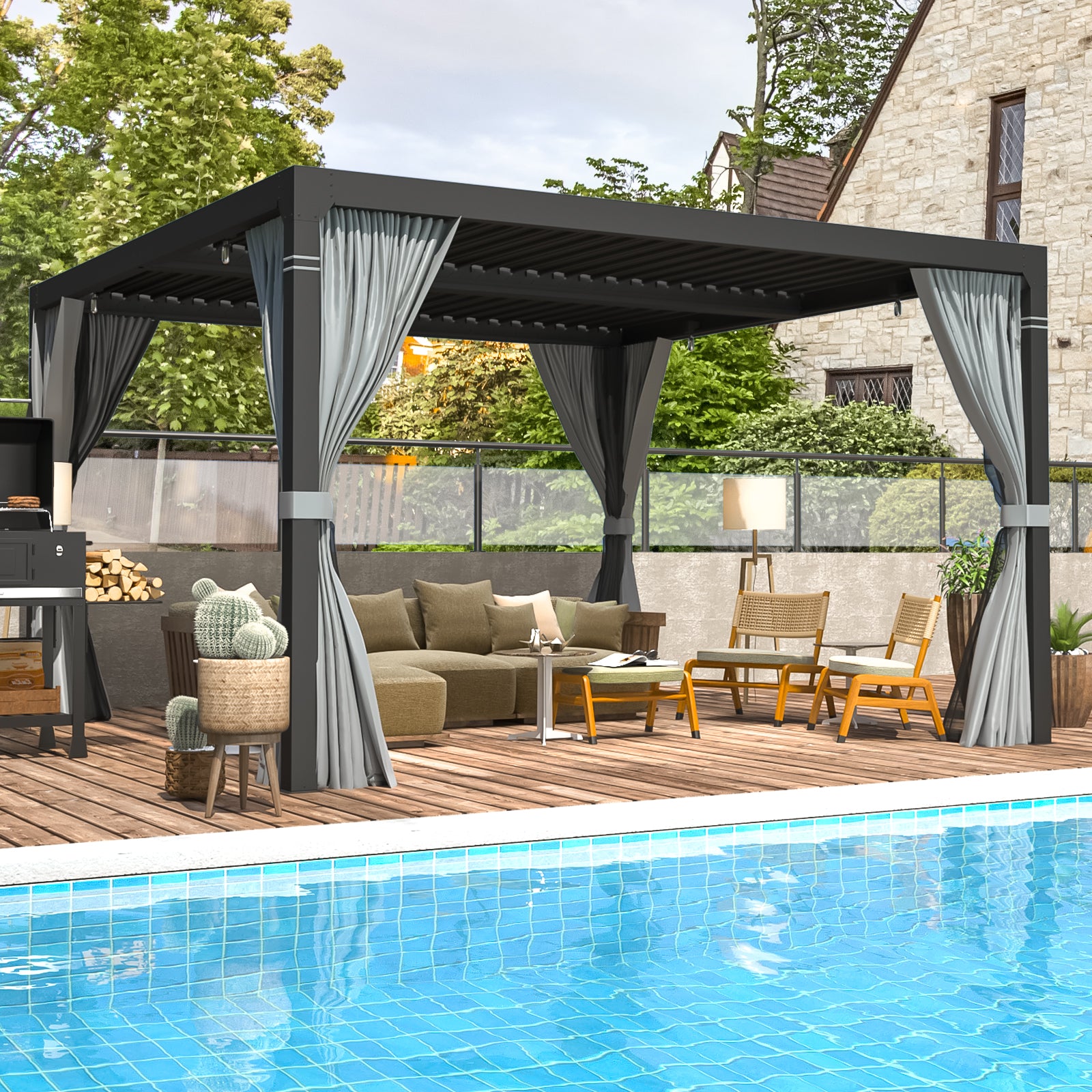 HOMREST Louvered Pergola 10x10 Outdoor Hard Top Pergola with Aluminum Frame, Gray-Black