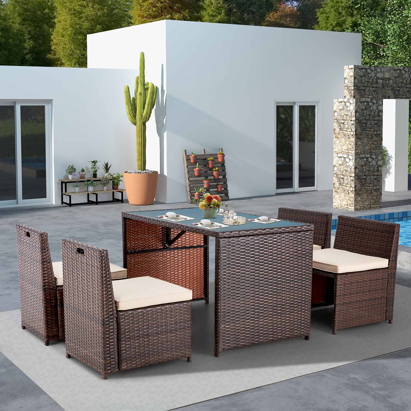 Homrest 5 Pcs patio dining set with chairs and rattan table, brown