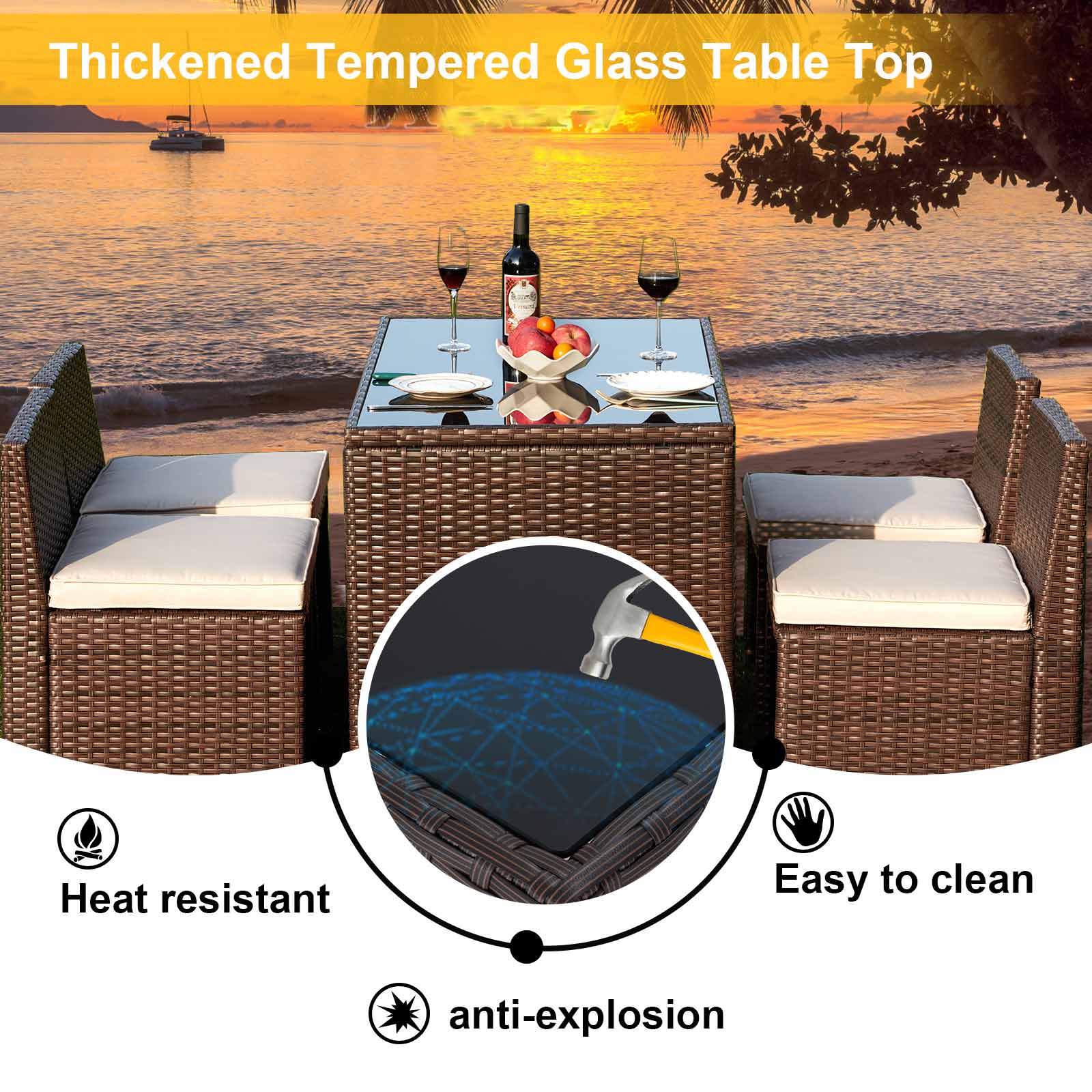Homrest 5 Pcs patio dining set with chairs and rattan table, brown