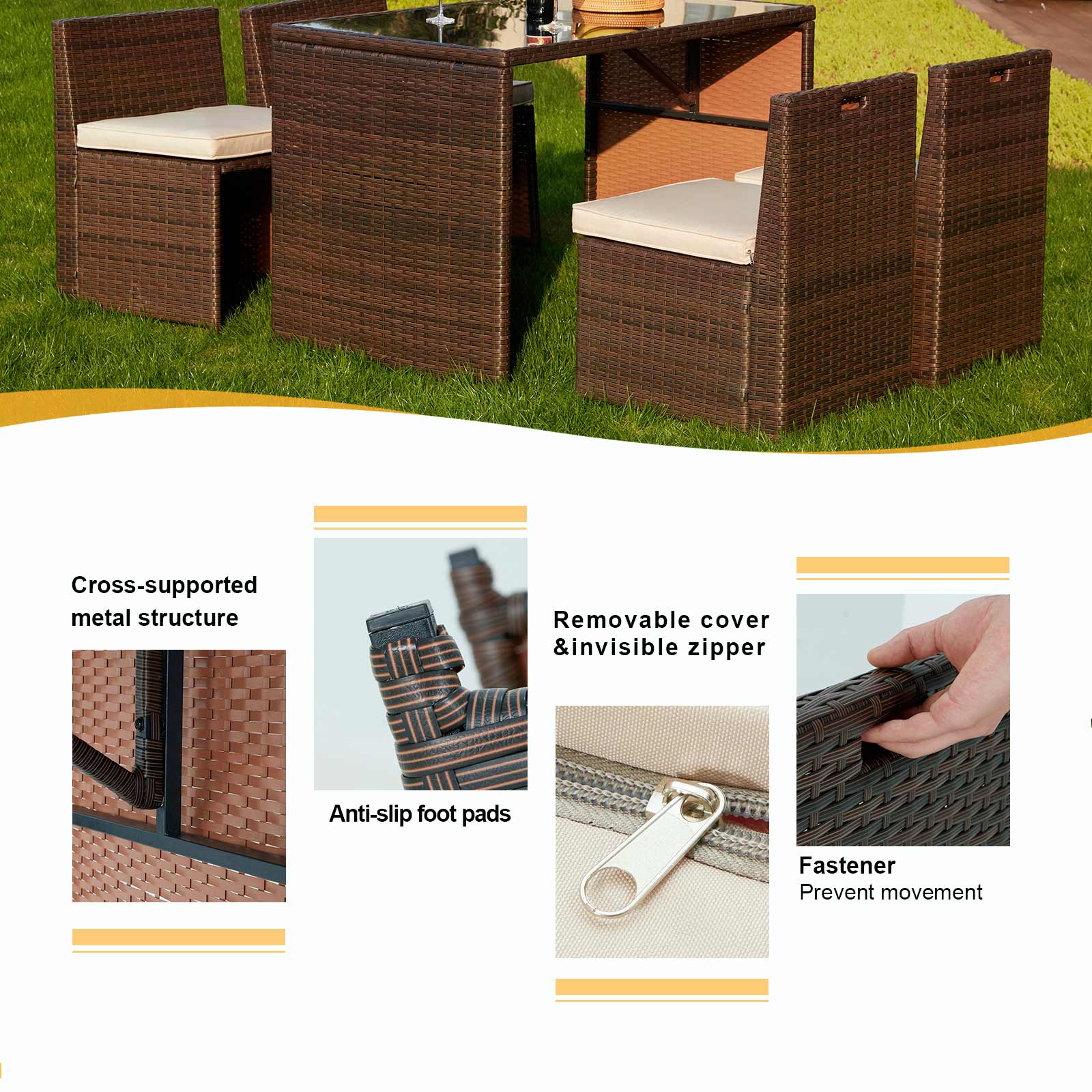 5 Pcs patio dining set with chairs and rattan table, brown | Homrest furniture