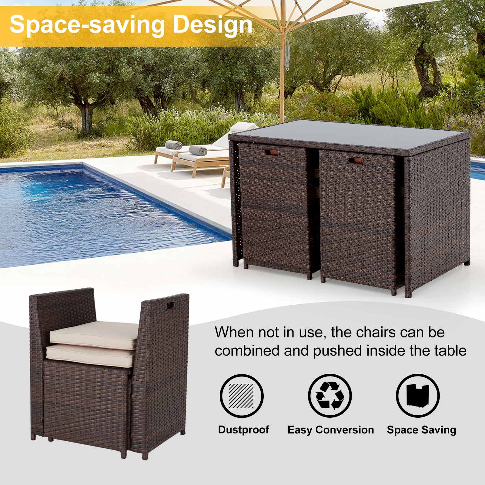 5 Pcs patio dining set with chairs and rattan table, brown | Homrest furniture