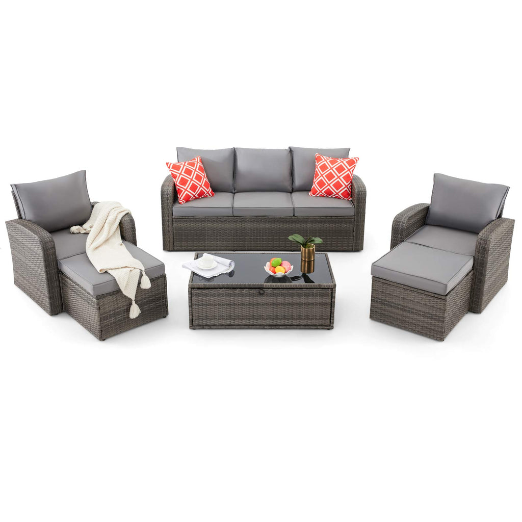6 Pcs Patio Furniture Sets with Coffee Table, Ottomans, Cushions & Pillows, Grey