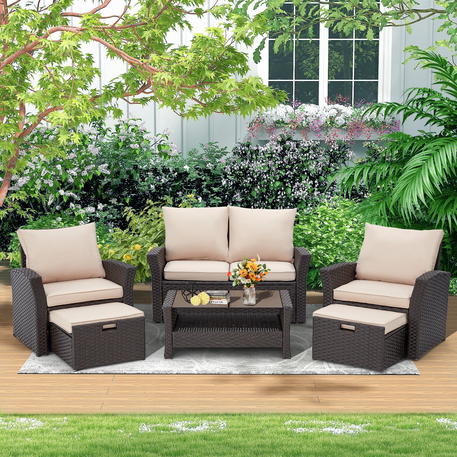 Homrest 6 Pcs Patio Furniture Set with Ottoman and Storage Table, Khaki