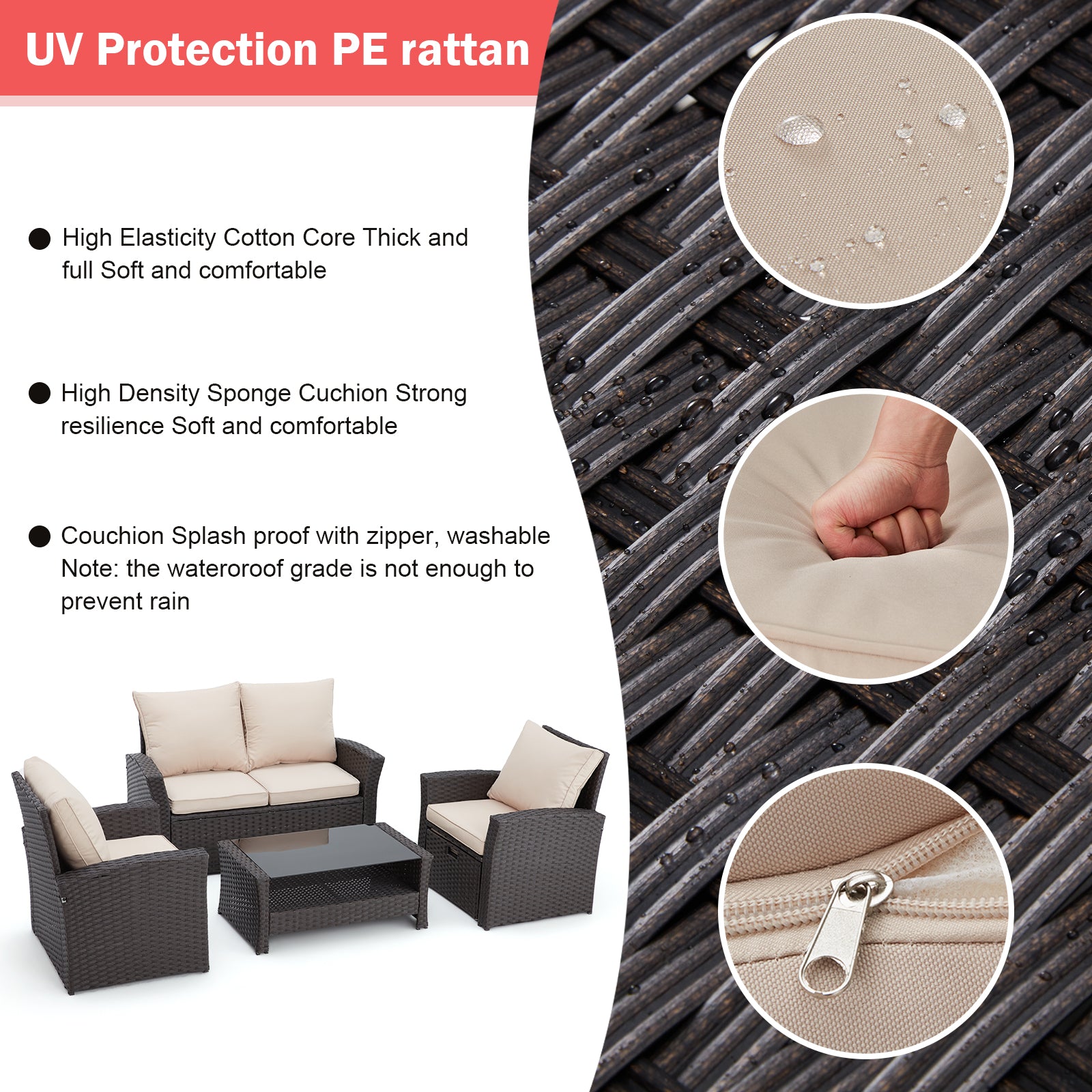 Homrest 6 Pcs Patio Furniture Set with Ottoman and Storage Table, Khaki
