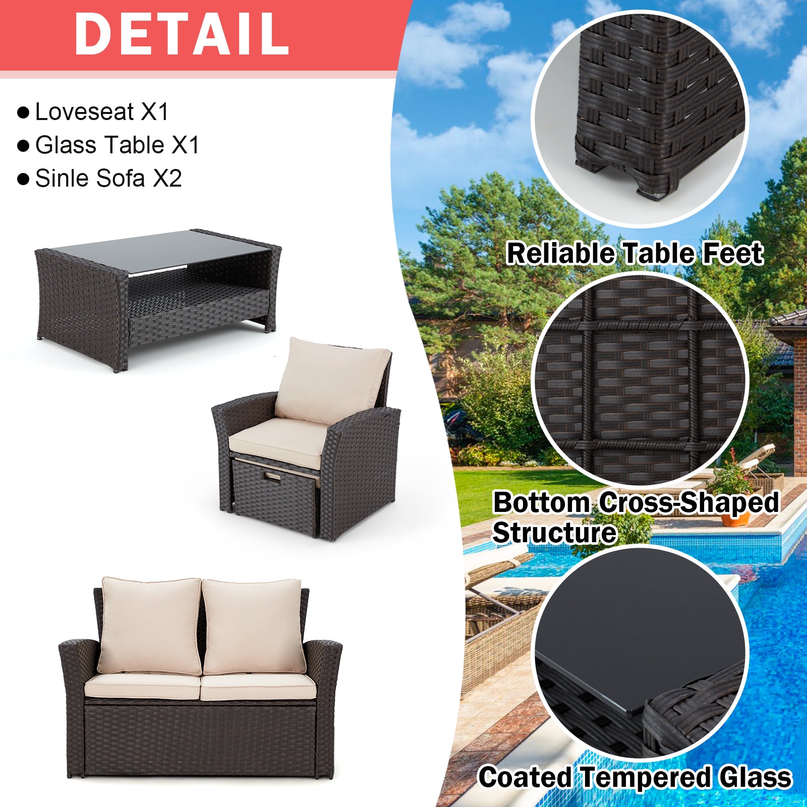 Homrest 6 Pcs Patio Furniture Set with Ottoman and Storage Table, Khaki