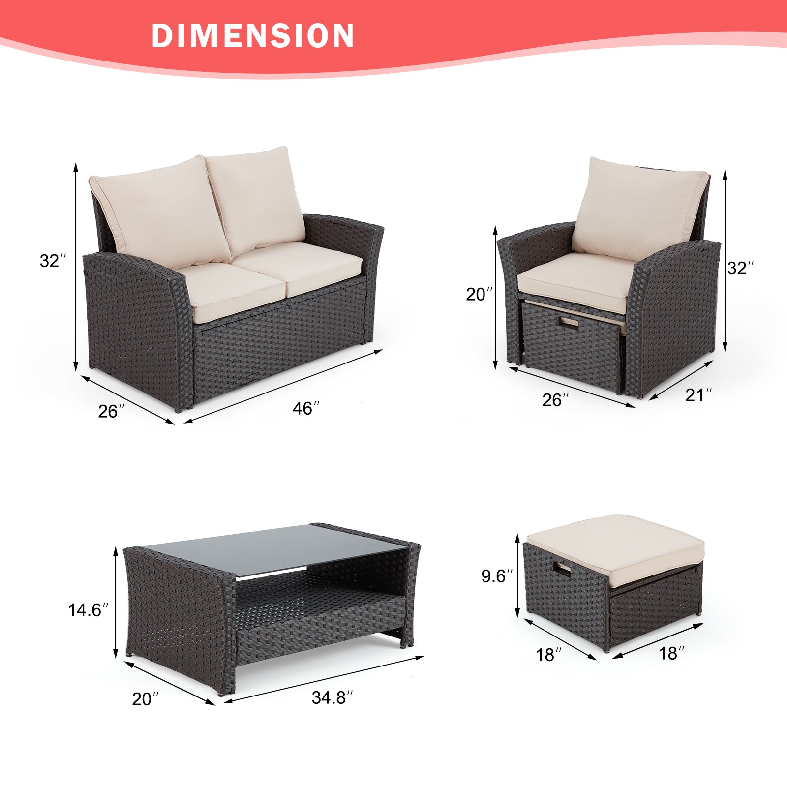 Homrest 6 Pcs Patio Furniture Set with Ottoman and Storage Table, Khaki