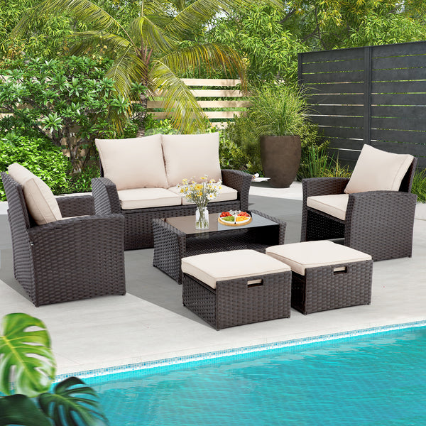 Homrest 6 Pcs Patio Furniture Set with Ottoman and Storage Table, Khaki