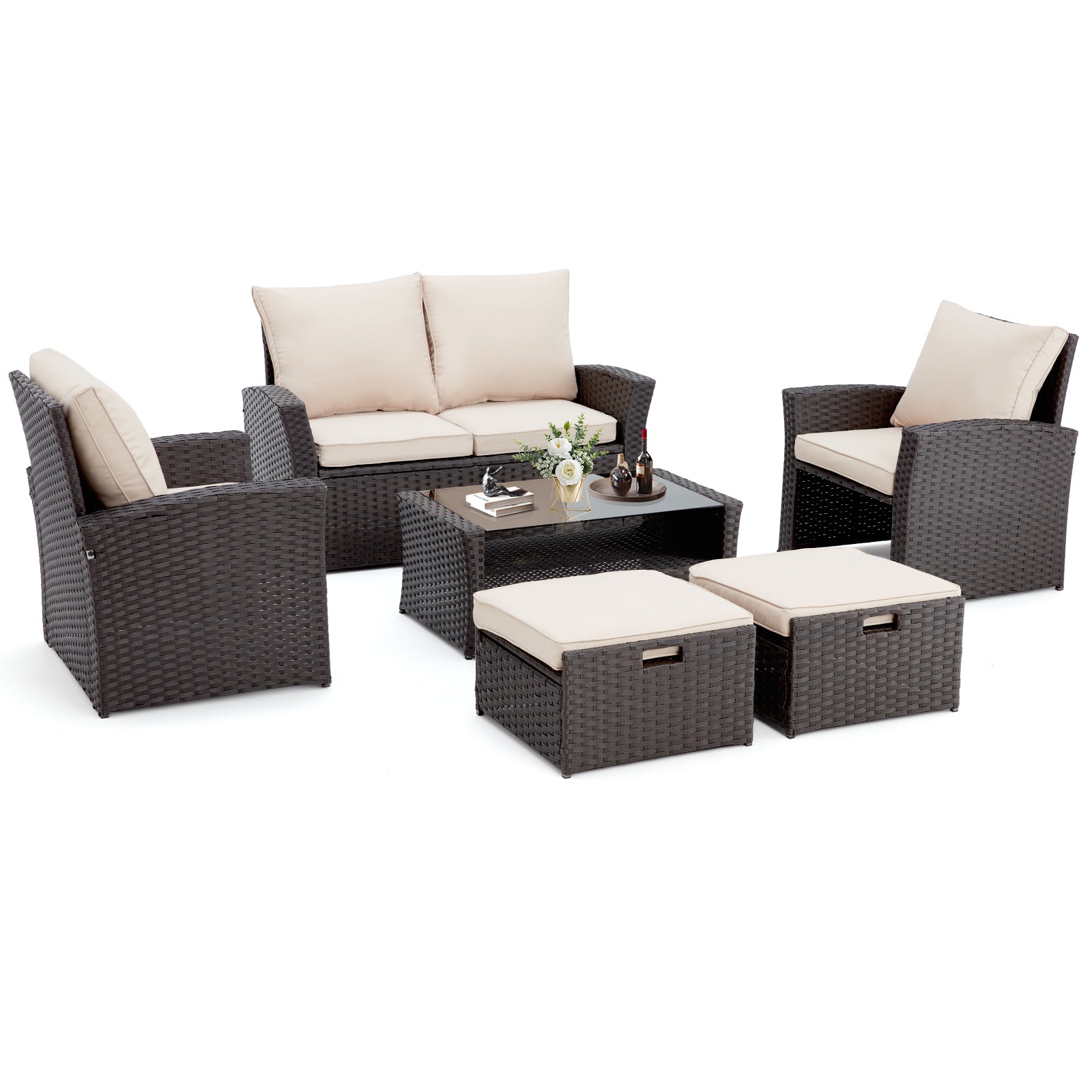 Homrest 6 Pcs Patio Furniture Set with Ottoman and Storage Table, Khaki